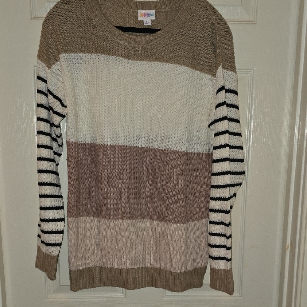 LuLaRoe Tan and White Crew Neck Sweater